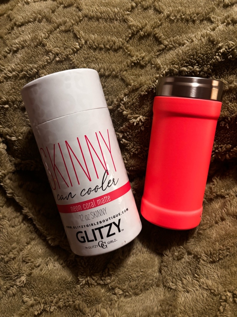Glitzy 'Skinny' Neon Coral Matte 12oz Can Cooler